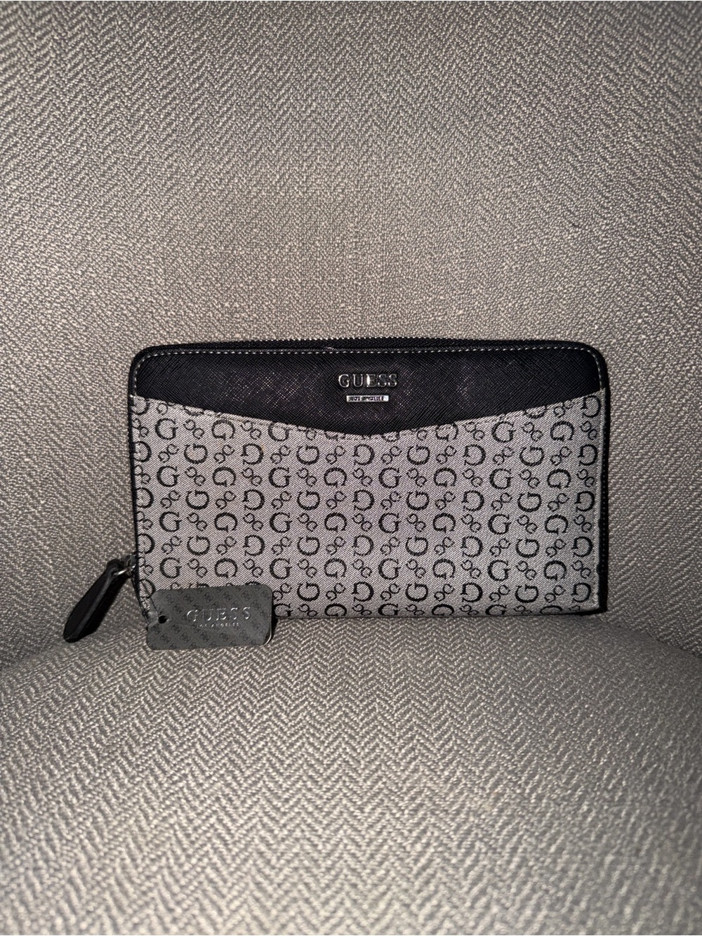 Guess Gray and Black Monogram Zip Wallet